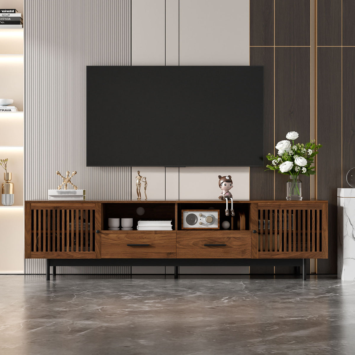 TV Stand, Media Console With 2 Drawers, Soft Closing Slatted Doors, Living Room Entertainment Center - Walnut