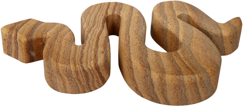 Marble sculptural tabletop object with interlocking curved loops, wood-brown