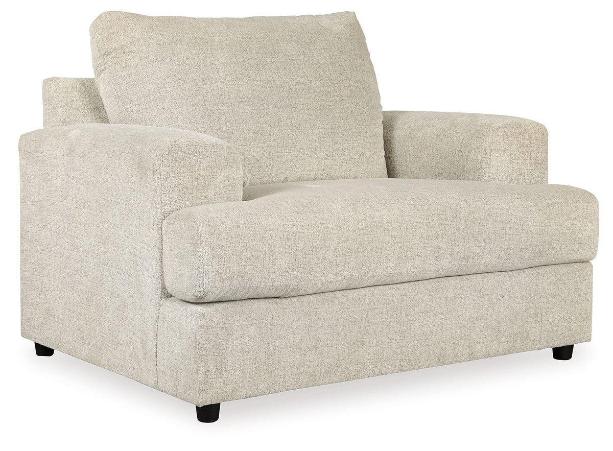 Stone upholstered chair and a half with square arms, loose back and seat cushions