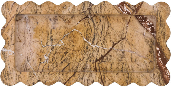 Brown marble serving tray with scalloped border and dark speckled inlay accents