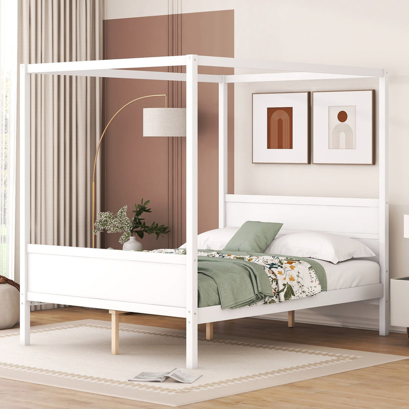White canopy platform bed with headboard, footboard, and slatted base