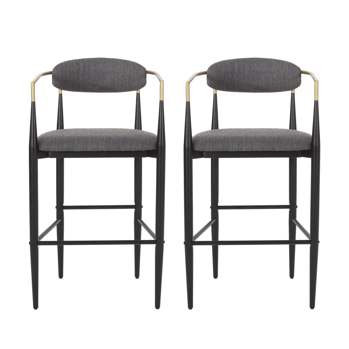 Pair of charcoal upholstered bar stools with black metal frames, gold-tone arm accents and footrests