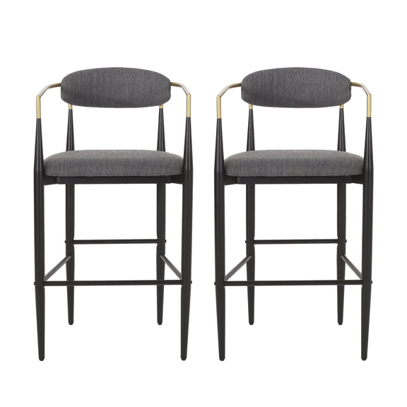 Pair of charcoal upholstered bar stools with black metal frames, gold-tone arm accents and footrests