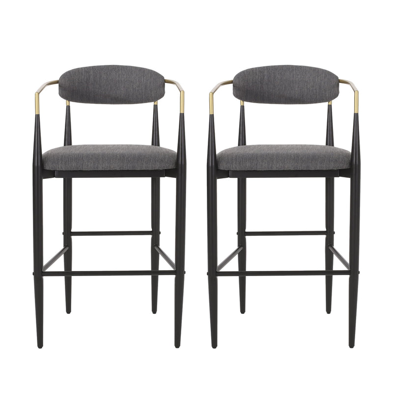 Pair of charcoal upholstered bar stools with black metal frames, gold-tone arm accents and footrests