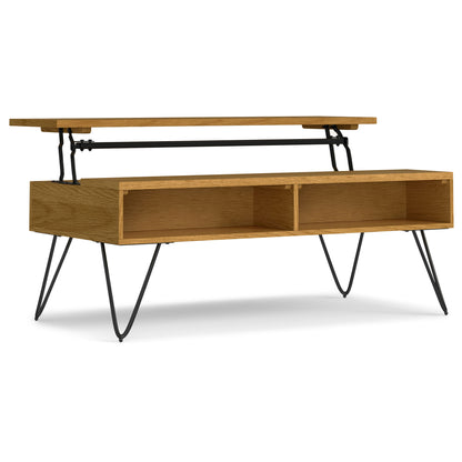 Lift-top coffee table in light wood with open center shelf and black metal legs