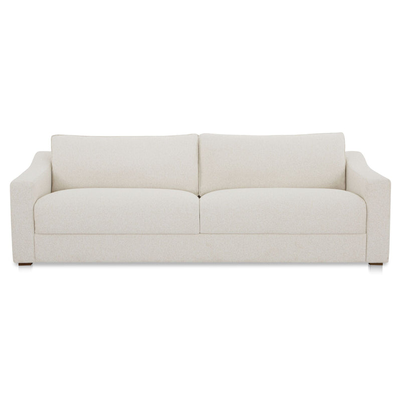 Oat upholstered sofa with three-seat back cushions and square arms