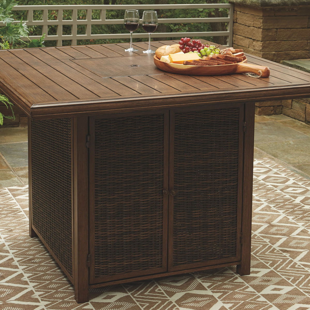 Paradise Trail - Square Bar Table w/Fire Pit - Medium Brown