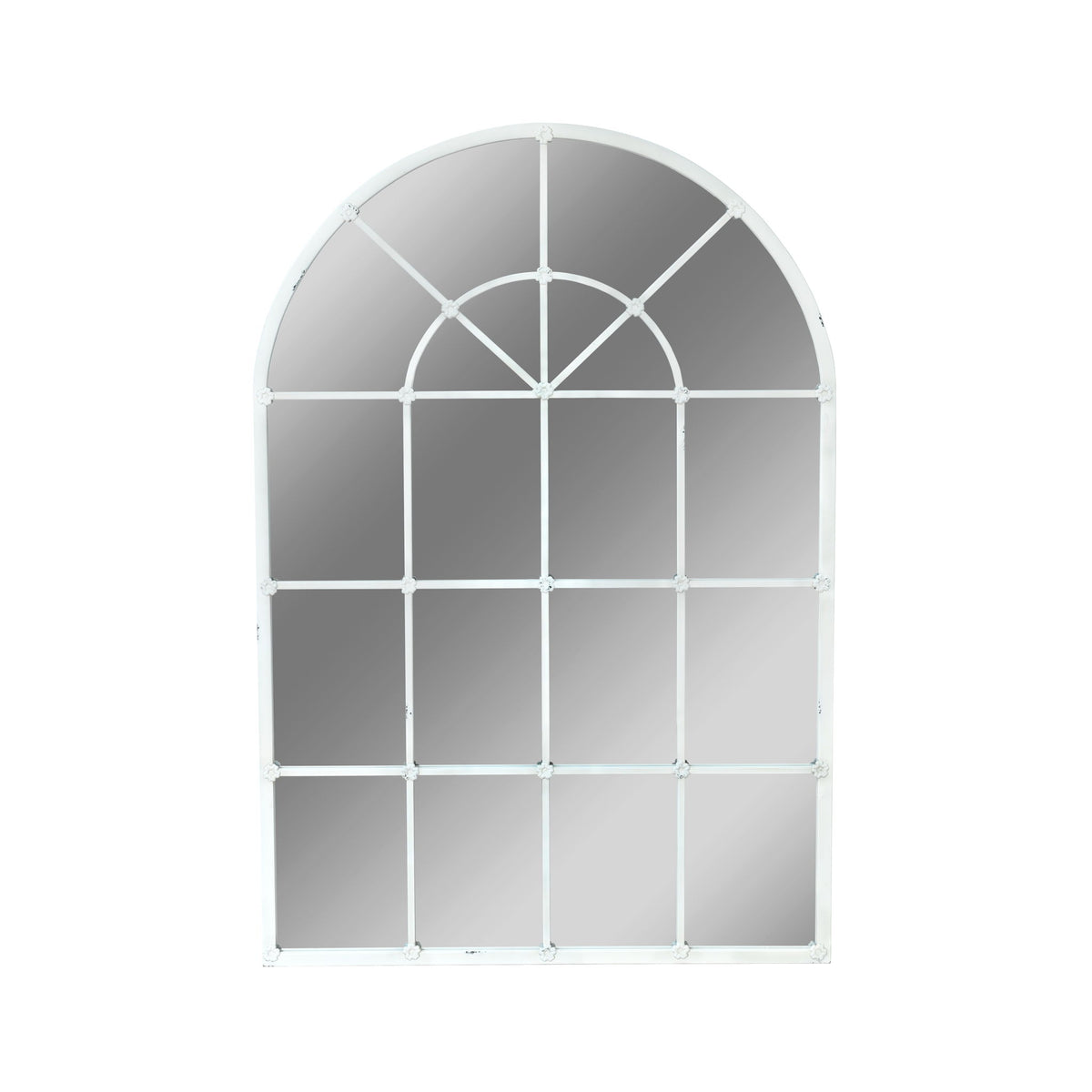 White arched mirror with window-style grid frame and reflective glass panes