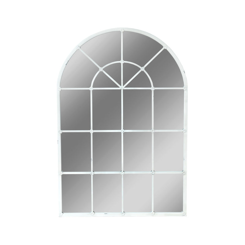 White arched mirror with window-style grid frame and reflective glass panes