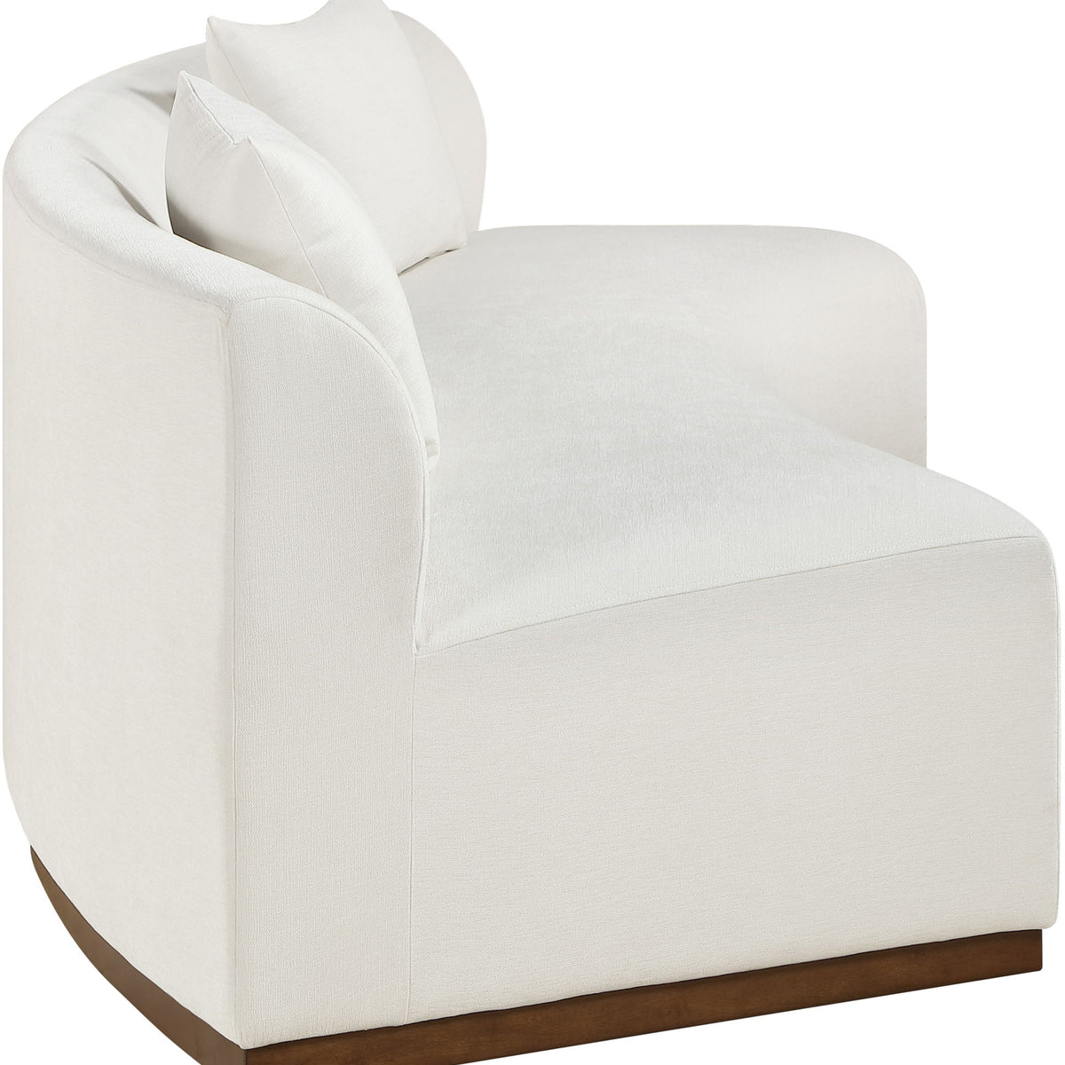 White chenille upholstered sofa section with two back cushions and curved arms