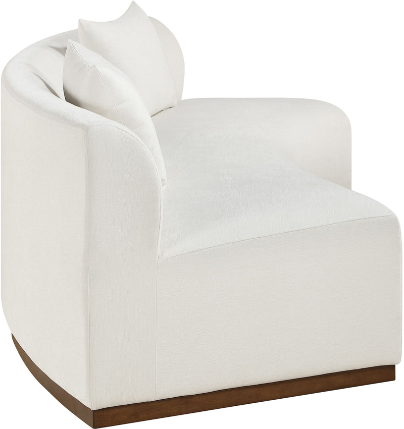 White chenille upholstered sofa section with two back cushions and curved arms