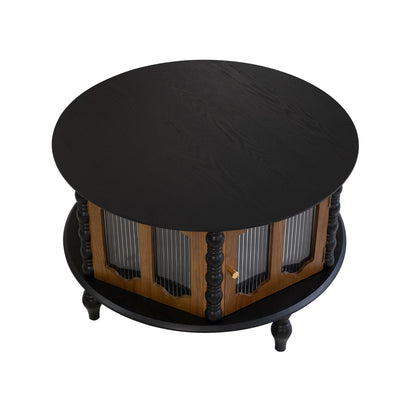 Round black storage coffee table with hinged door and vertical slat panels