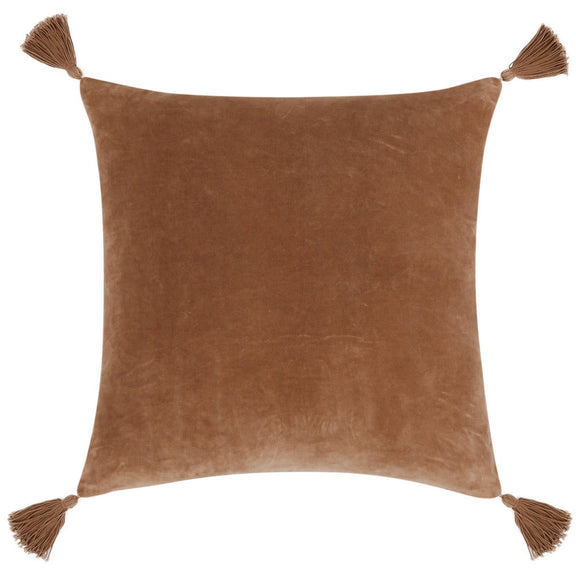 Clay solid throw pillow with tassel corners, warm brown suede-like fabric.