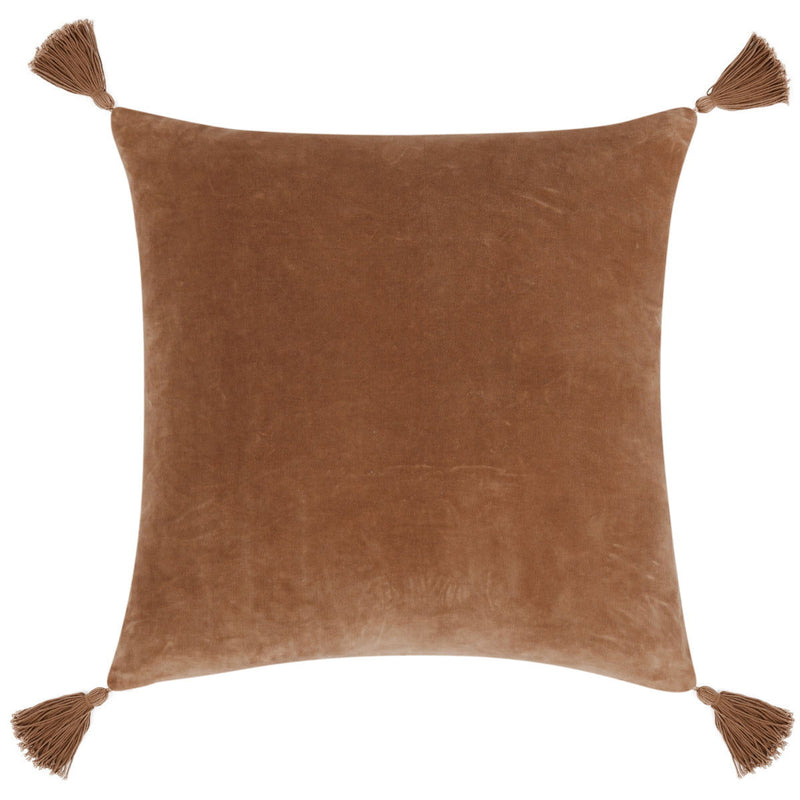 Clay solid throw pillow with tassel corners, warm brown suede-like fabric.