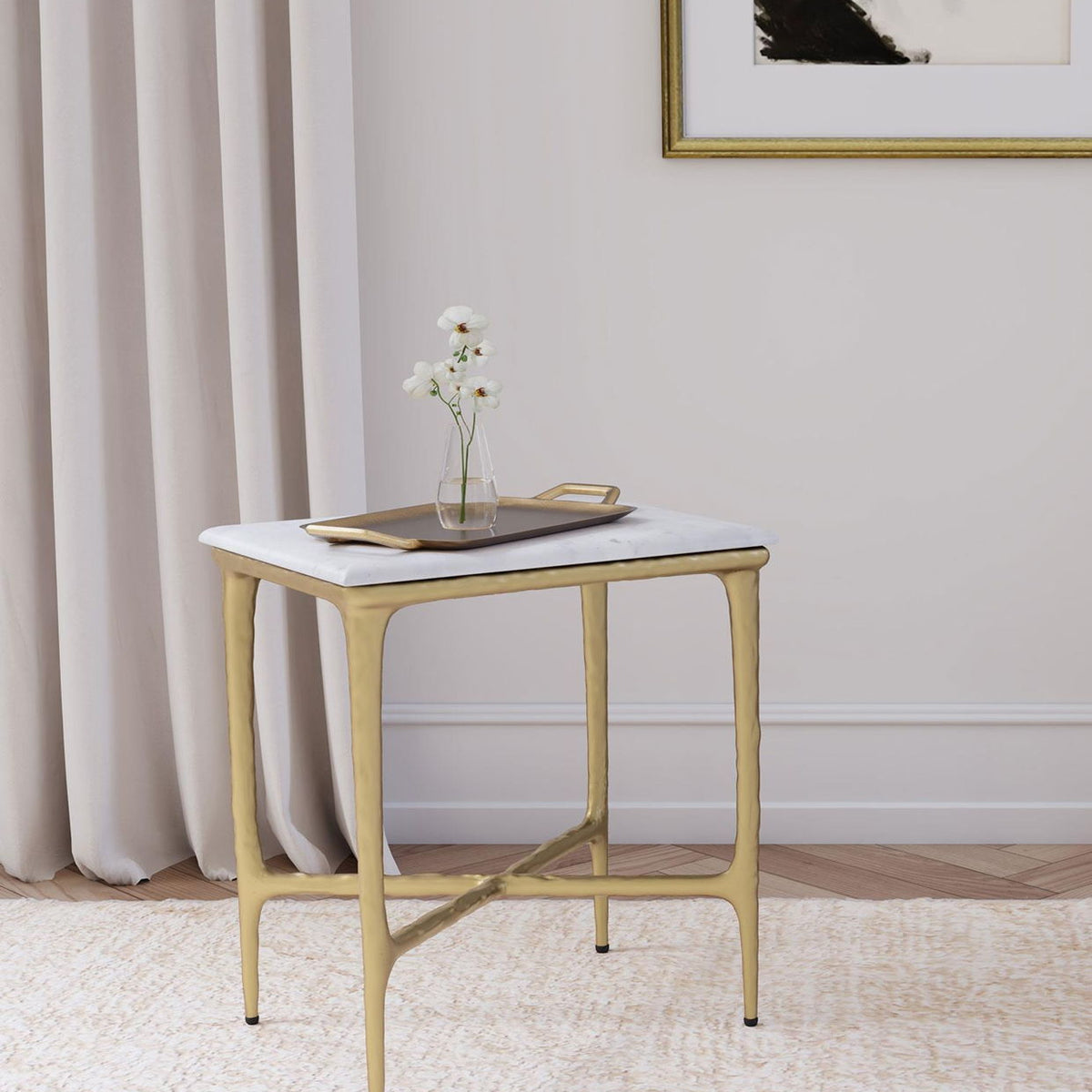 Baldwin Rectangular Marble Top Side Table White and Gold