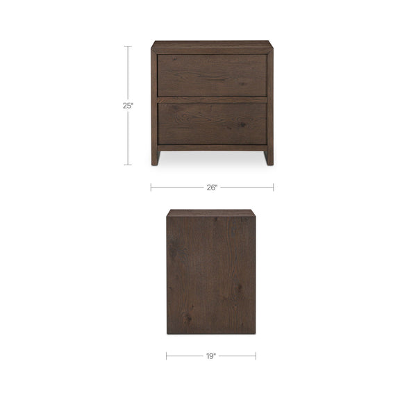 Brown wooden nightstand with two drawers, 26 in W x 25 in H x 19 in D