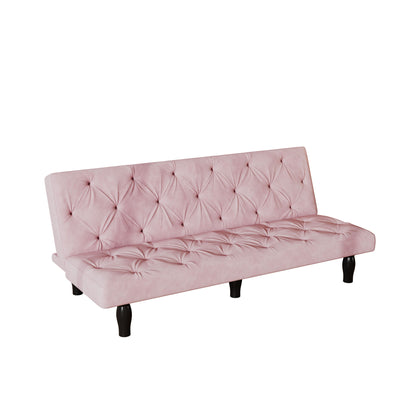 Pink sofa bed with tufted backrest and seat, button-tufted upholstery, wooden legs