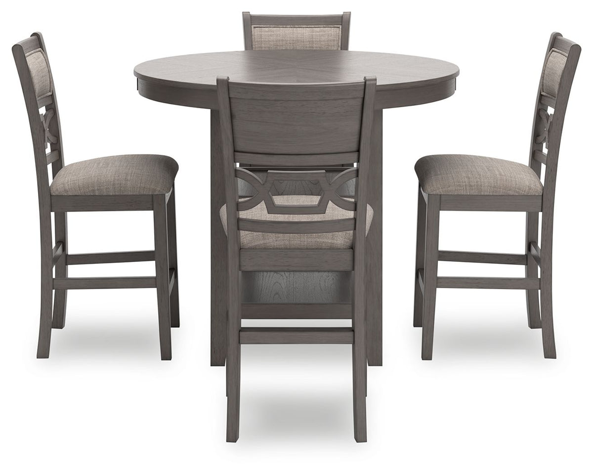 Gray round counter table with four matching upholstered stools, front view
