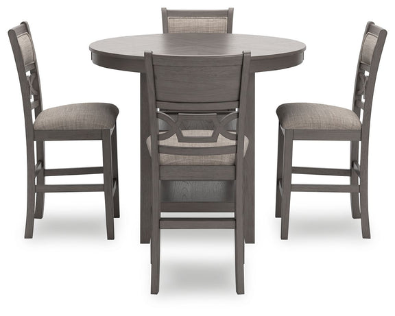 Gray round counter table with four matching upholstered stools, front view