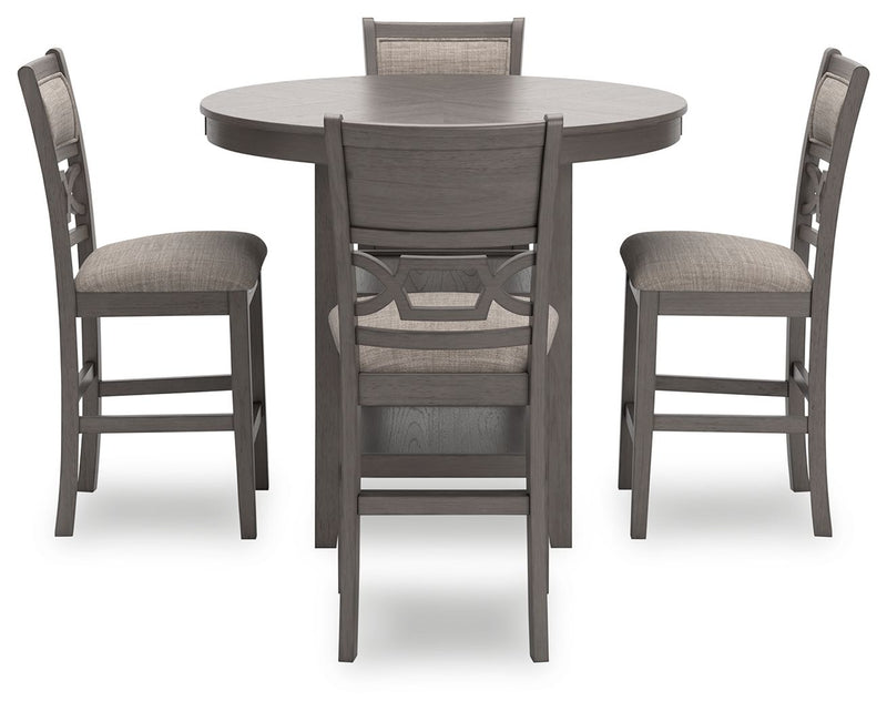 Gray round counter table with four matching upholstered stools, front view