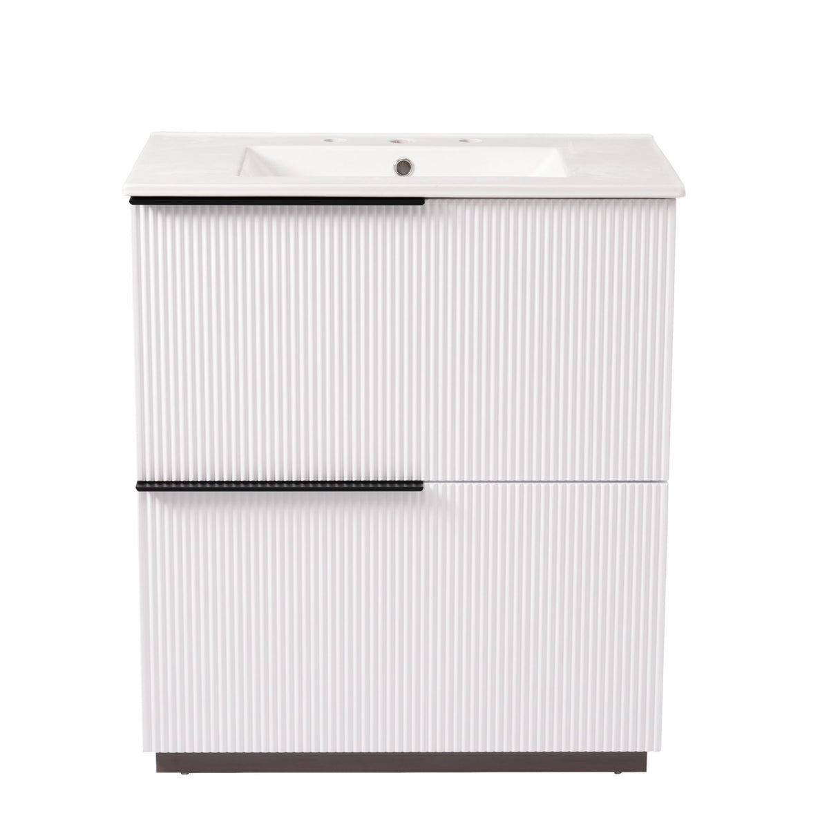 White fluted bathroom vanity with white ceramic sink and center handle bar