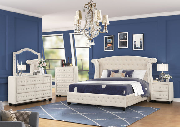 Upholstered bedroom set with tufted bed, nightstand, dresser, and mirror in light upholstery.