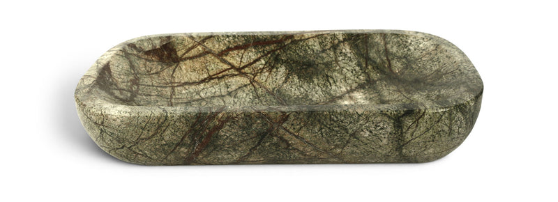 Green marble tray with dark veining, oval shallow dish