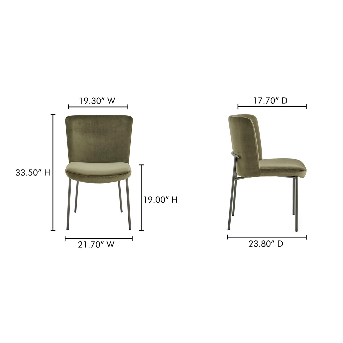 Green upholstered dining chair shown with width, depth, and height measurements