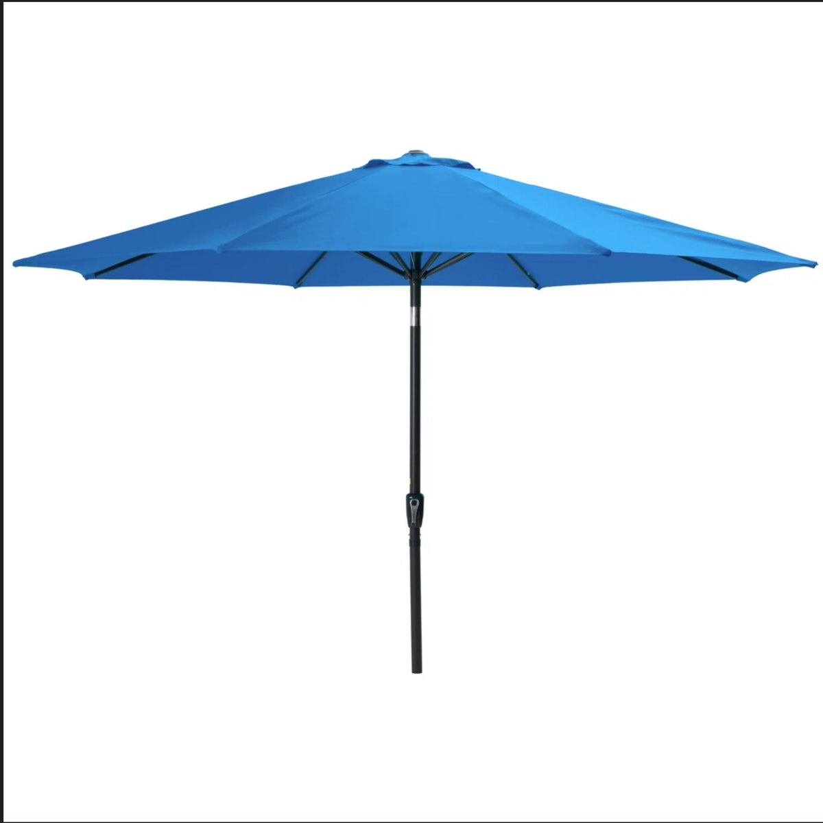 Light blue patio umbrella, open canopy with straight center pole and crank lift