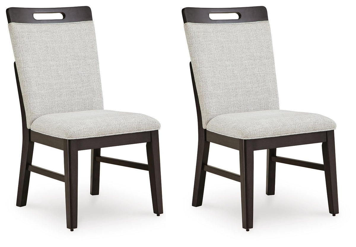 Set of 2 upholstered dining side chairs, light gray fabric, brown frames
