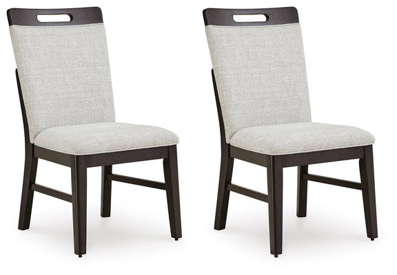 Set of 2 upholstered dining side chairs, light gray fabric, brown frames