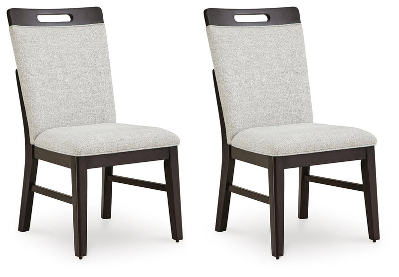 Set of 2 upholstered dining side chairs, light gray fabric, brown frames