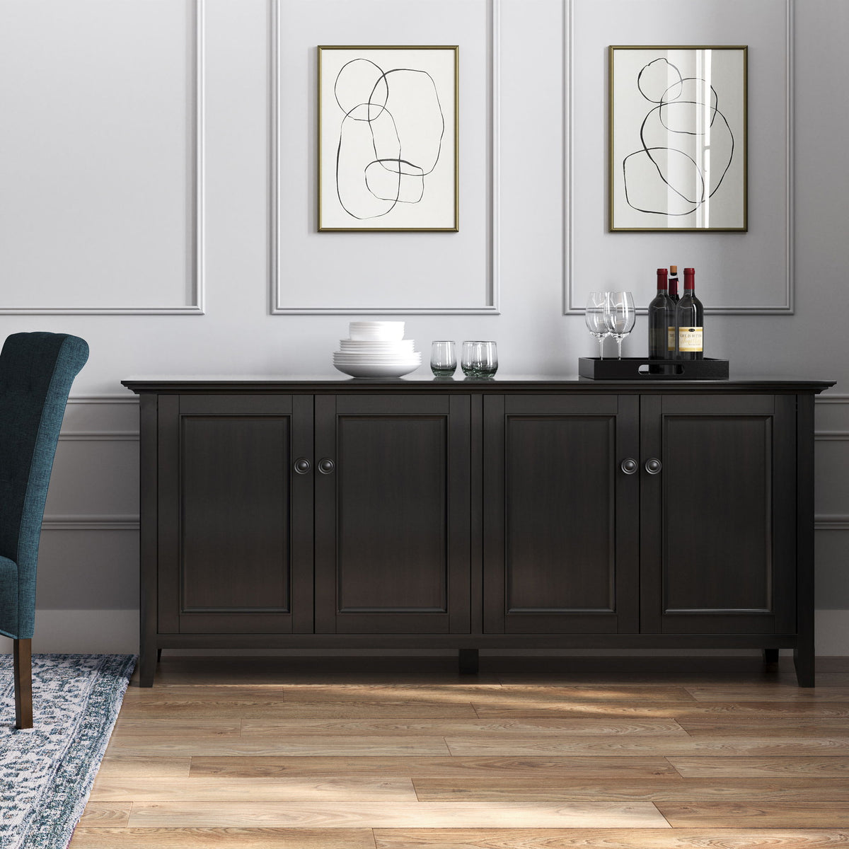 Wide four-door storage cabinet in dark brown with paneled doors and round knobs