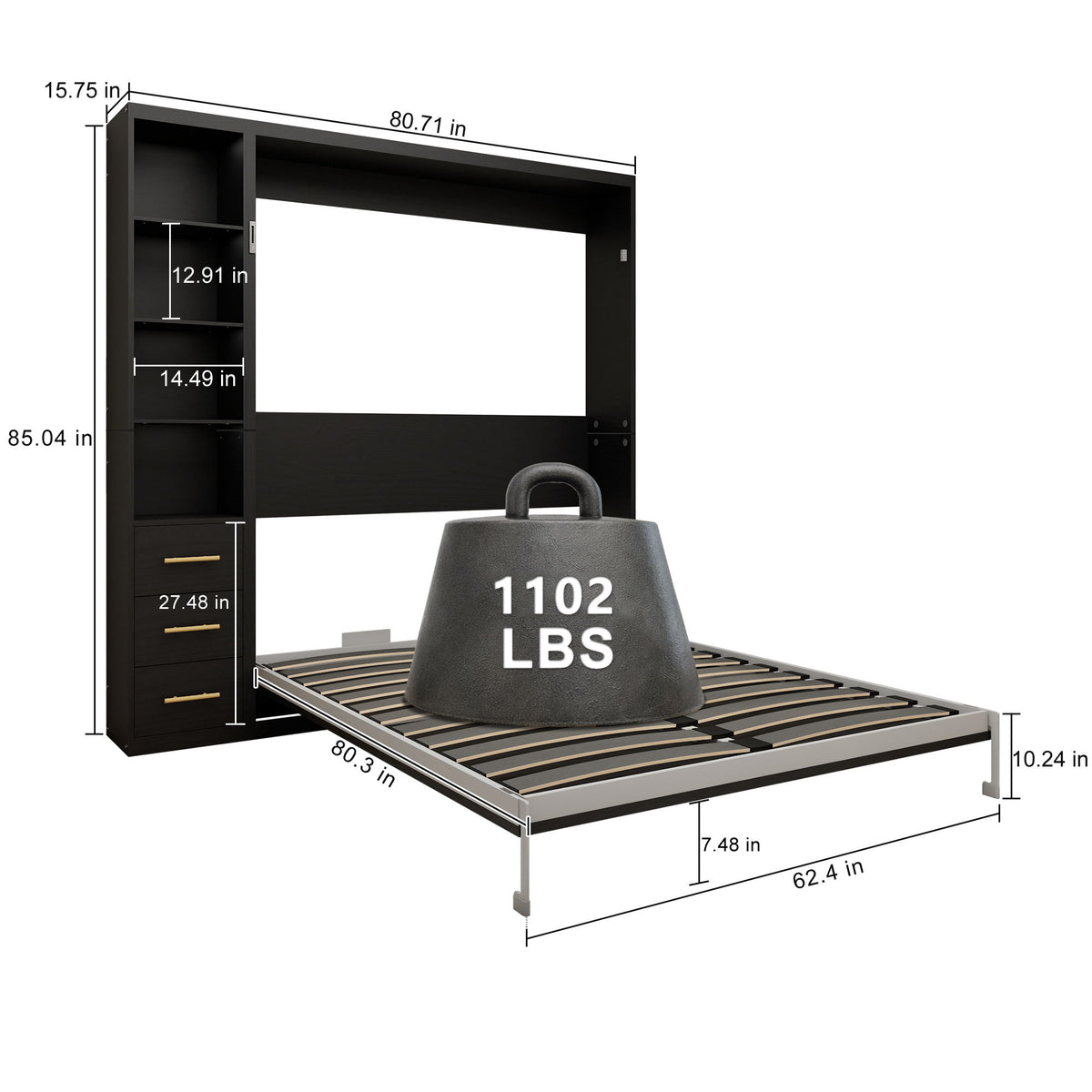 Black vertical murphy wall bed in open position with mattress platform and side storage