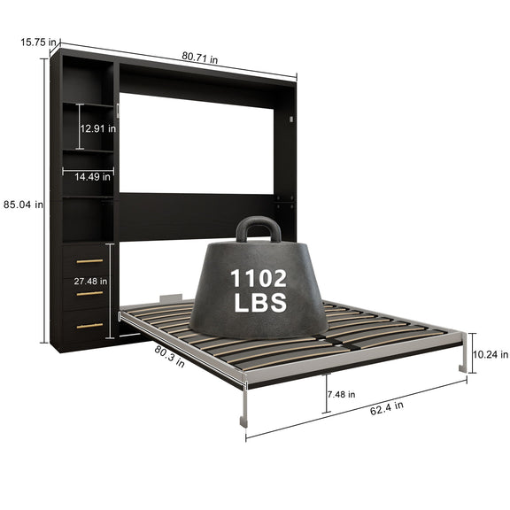 Black vertical murphy wall bed in open position with mattress platform and side storage