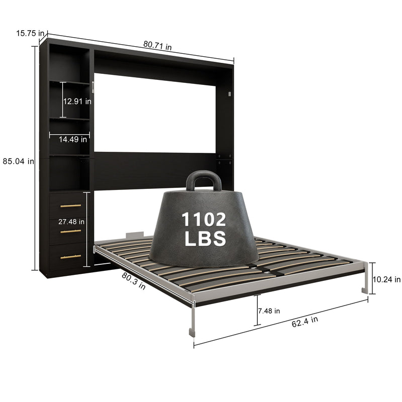 Black vertical murphy wall bed in open position with mattress platform and side storage