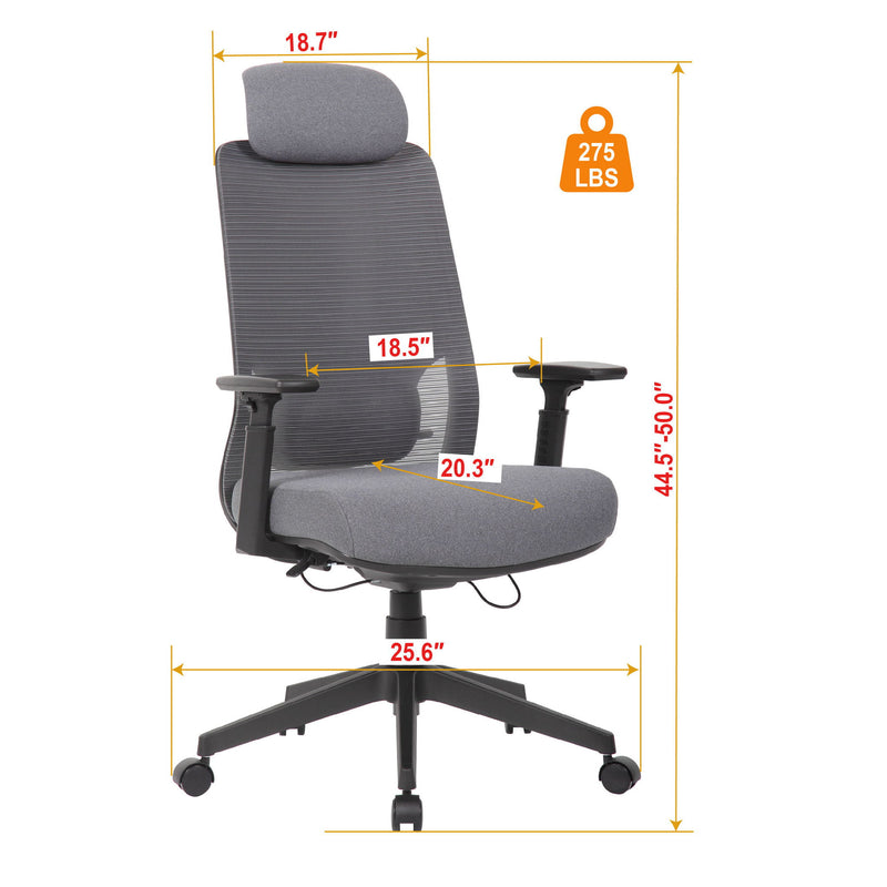 Gray office chair size diagram showing headrest, armrests, and five-star base dimensions