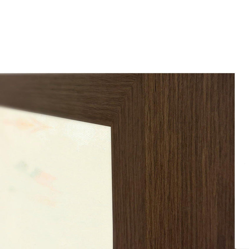 Wood picture frame corner with textured canvas edge for landscape painting