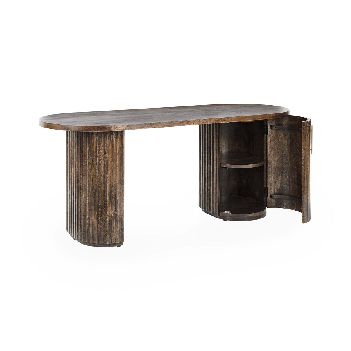 Brown wood desk with rounded top and side-mounted curved pedestal base