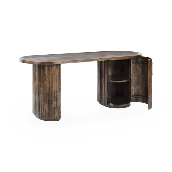 Brown wood desk with rounded top and side-mounted curved pedestal base