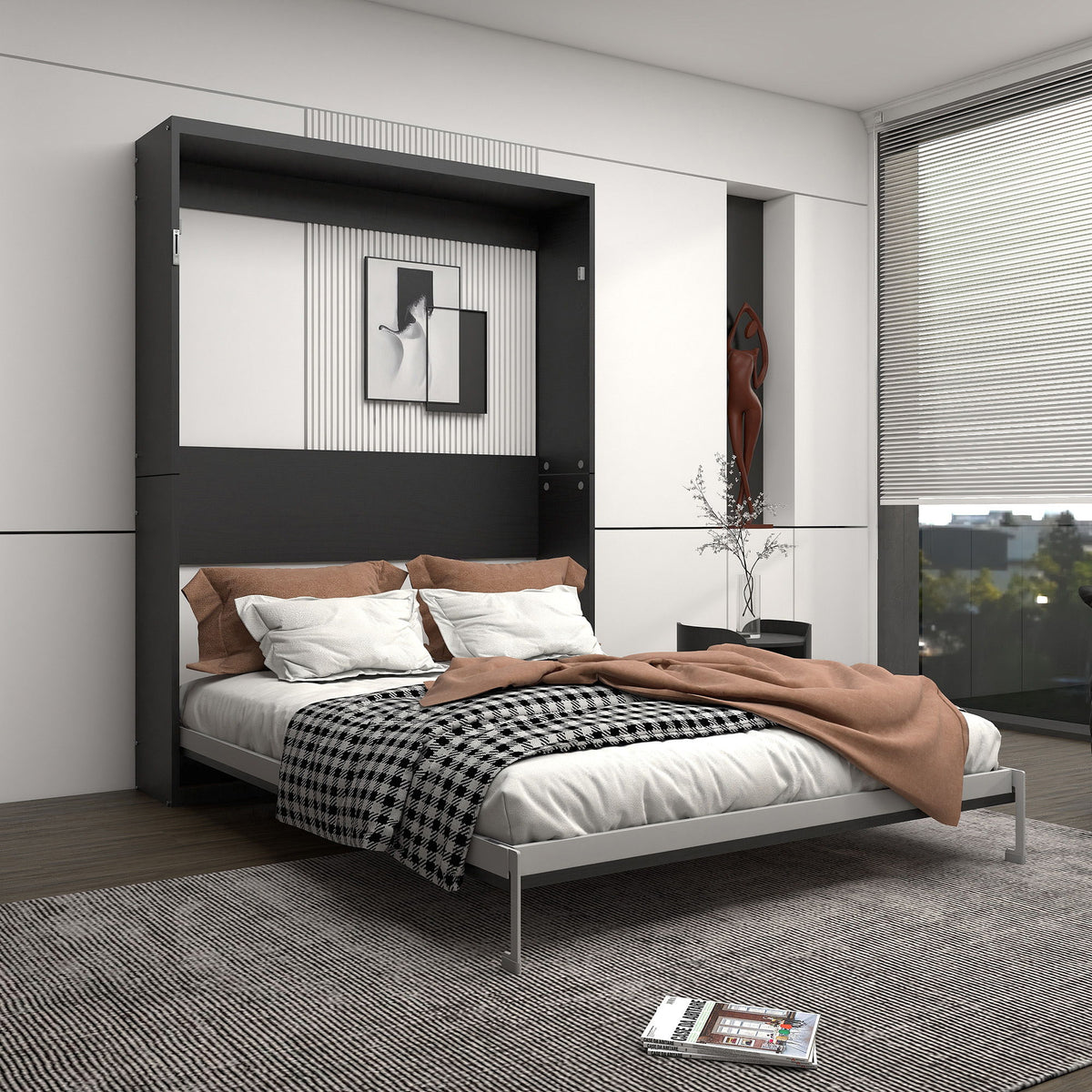 Black vertical murphy wall bed with built-in shelving and folded cabinet panel
