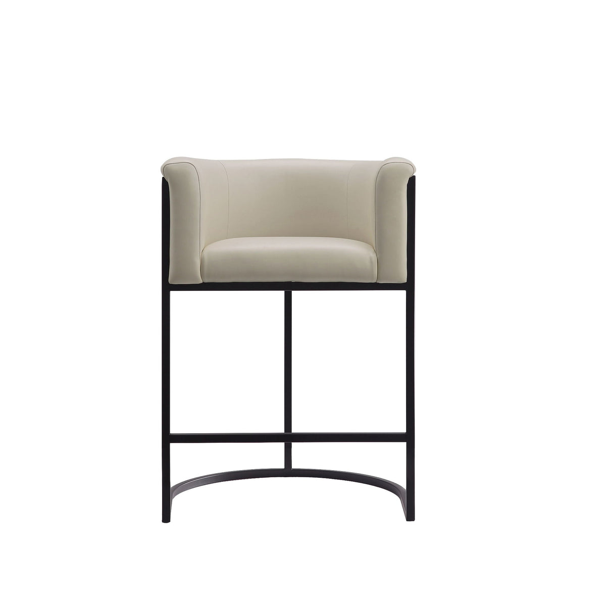 Light beige upholstered counter stool with black metal frame and curved footrest