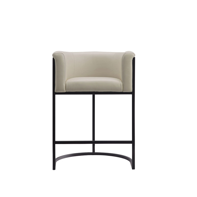 Light beige upholstered counter stool with black metal frame and curved footrest