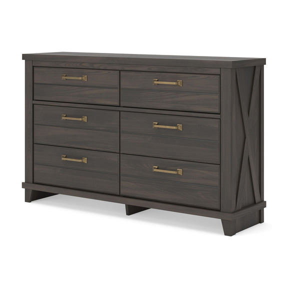 Dark brown six-drawer dresser with brass-tone pulls, X-braced sides, and raised base