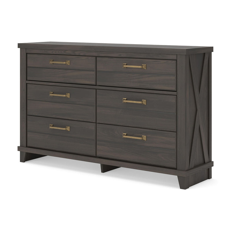 Dark brown six-drawer dresser with brass-tone pulls, X-braced sides, and raised base