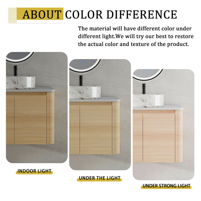 Light wood mounted bathroom vanity with white marble-pattern vessel sink, lighting variation