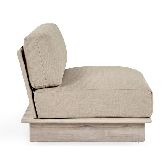 Taupe armless outdoor chair with side profile and light wood base platform