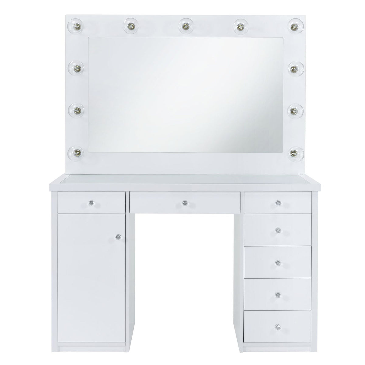 White vanity desk with rectangular mirror and round lightbulbs, side cabinets and drawers