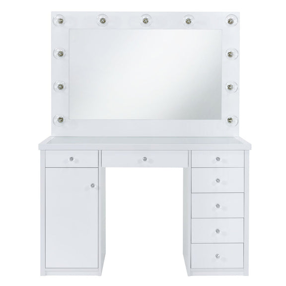 White vanity desk with rectangular mirror and round lightbulbs, side cabinets and drawers