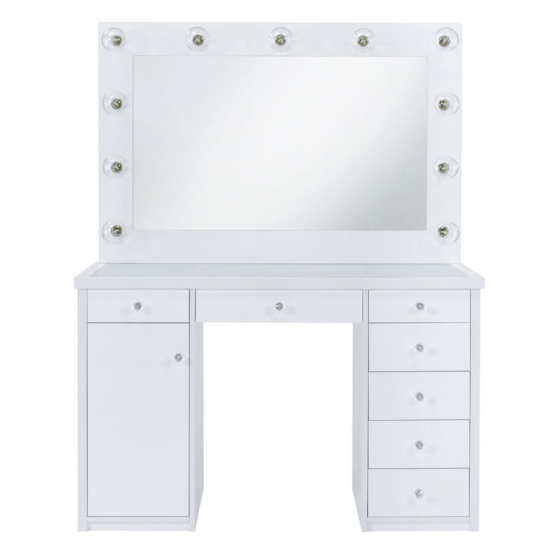 White vanity desk with rectangular mirror and round lightbulbs, side cabinets and drawers